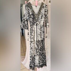 Women's Black and White Floral Maxi Dress with Smocked Waist